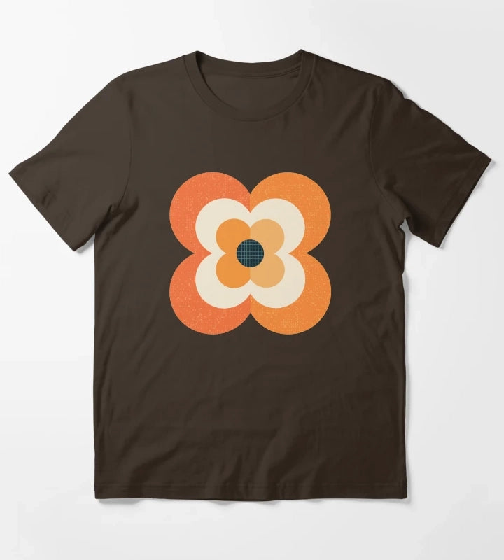Retro Flowers Orange and Charcoal T-Shirt Brown