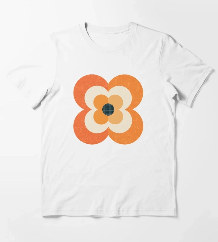 Retro Flowers Orange and Charcoal T-Shirt White
