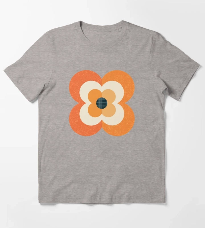 Retro Flowers Orange and Charcoal T-Shirt Heather Grey