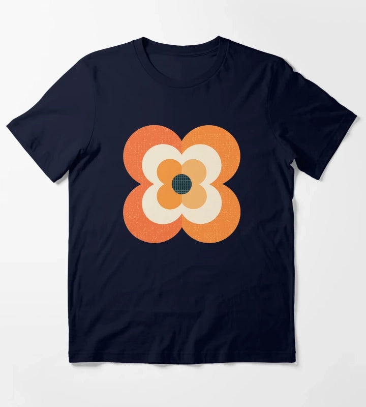 Retro Flowers Orange and Charcoal T-Shirt Navy