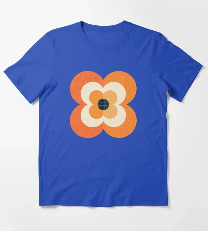Retro Flowers Orange and Charcoal T-Shirt Blue