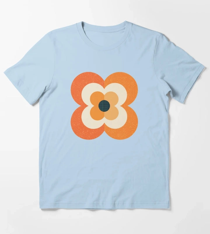 Retro Flowers Orange and Charcoal T-Shirt Sky Blue