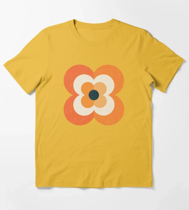 Retro Flowers Orange and Charcoal T-Shirt Yellow