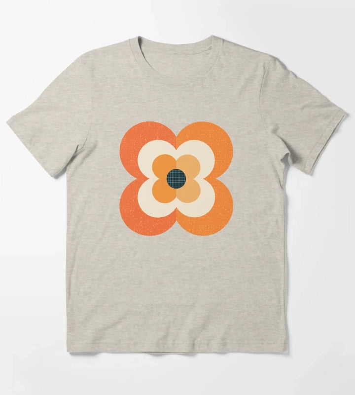 Retro Flowers Orange and Charcoal T-Shirt Cream