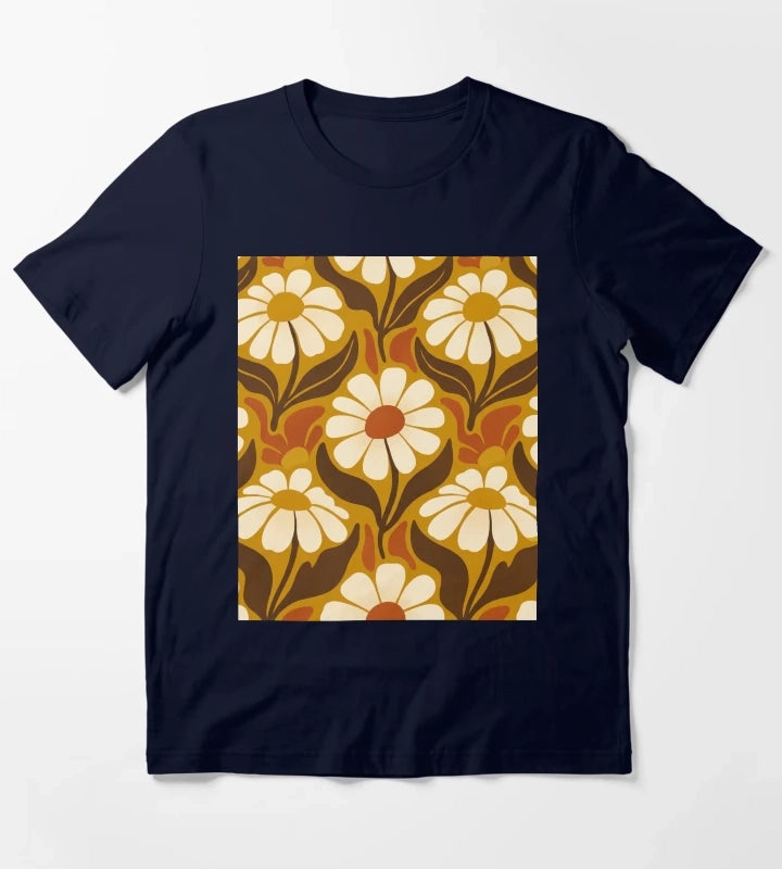 Retro Groovy Daisy Floral Seamless Pattern T-Shirt Navy