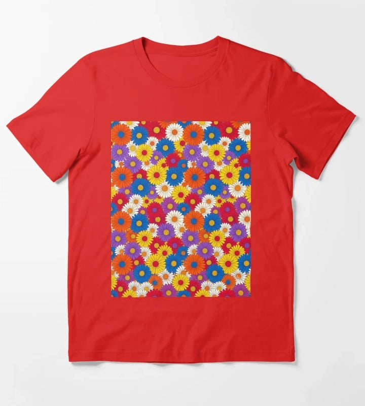 Retro Groovy Daisy Flower Pattern Colorful Seamless Floral Design T-Shirt Red