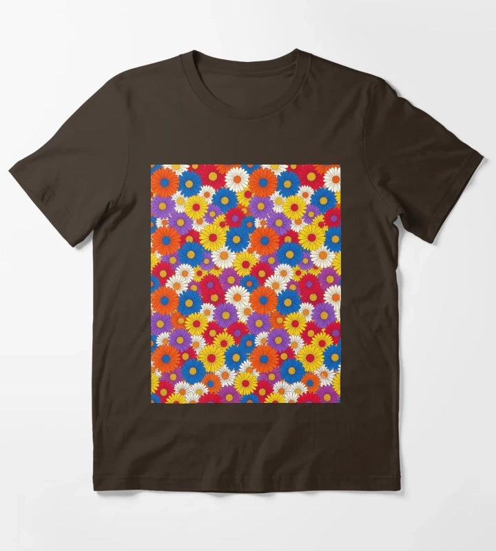 Retro Groovy Daisy Flower Pattern Colorful Seamless Floral Design T-Shirt Brown