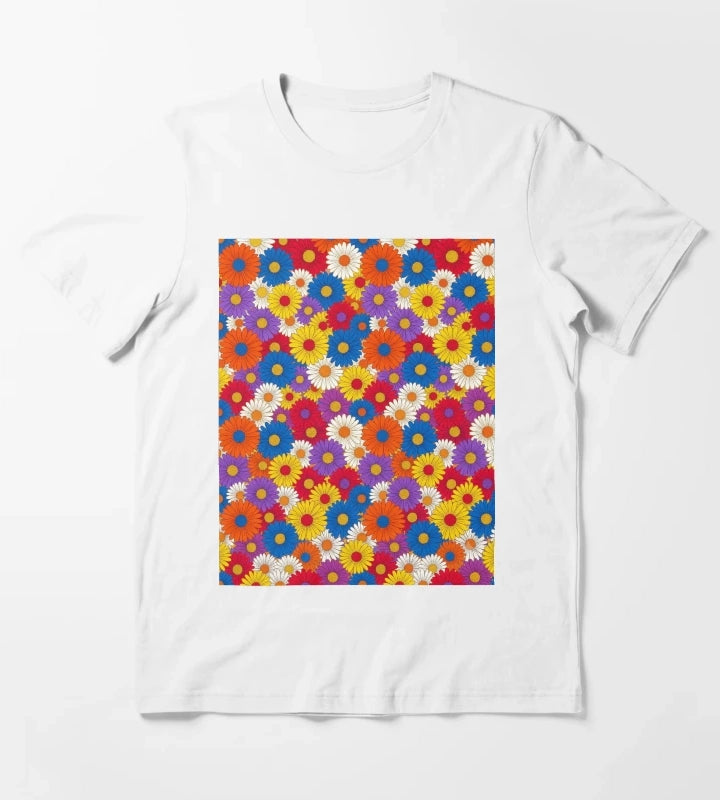 Retro Groovy Daisy Flower Pattern Colorful Seamless Floral Design T-Shirt White