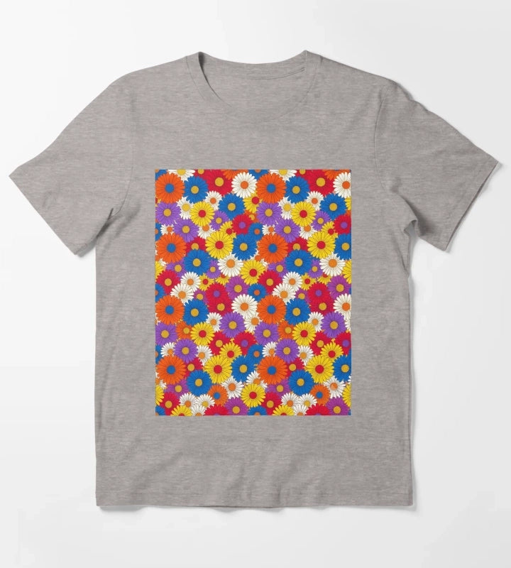 Retro Groovy Daisy Flower Pattern Colorful Seamless Floral Design T-Shirt Heather Grey