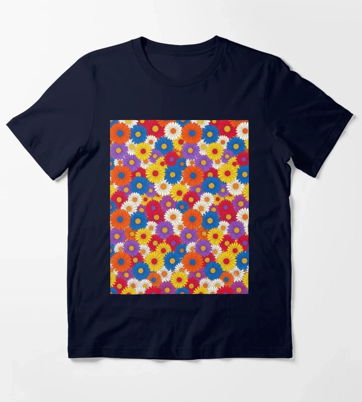 Retro Groovy Daisy Flower Pattern Colorful Seamless Floral Design T-Shirt Navy