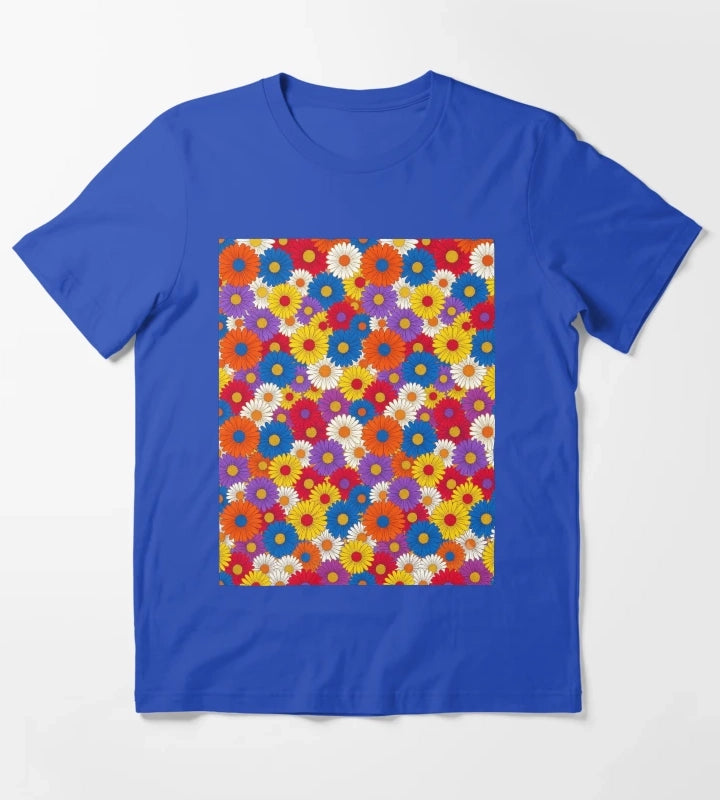 Retro Groovy Daisy Flower Pattern Colorful Seamless Floral Design T-Shirt Blue
