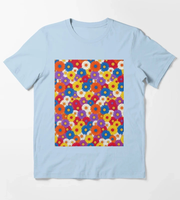 Retro Groovy Daisy Flower Pattern Colorful Seamless Floral Design T-Shirt Sky Blue