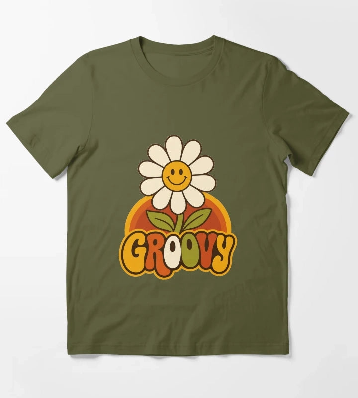 Retro Groovy Daisy Groovy 70s Aesthetic Design T-Shirt Olive Green