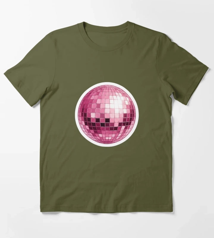 Retro Pink Smiley Disco Ball T-Shirt Olive Green