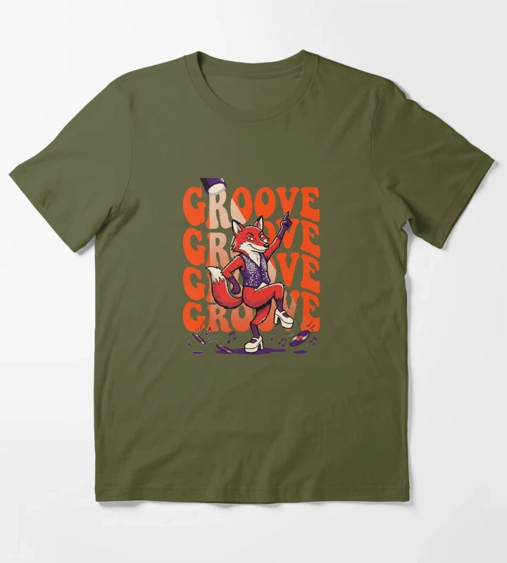 Retro Pop Art Dancing Fox Disco Groove T-Shirt Olive Green