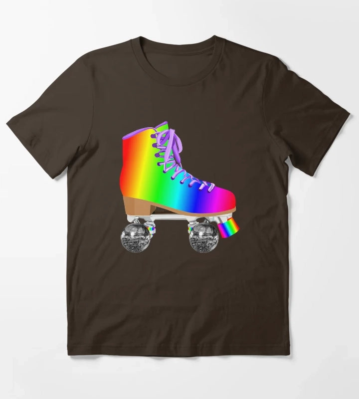 Retro Rainbow 70s Disco Roller Skates T-Shirt Brown