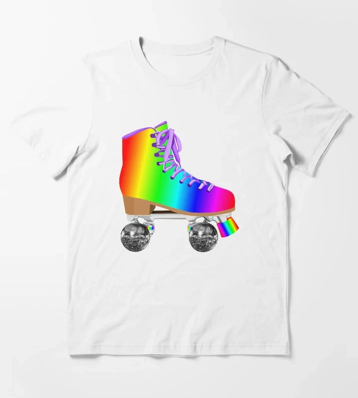 Retro Rainbow 70s Disco Roller Skates T-Shirt White