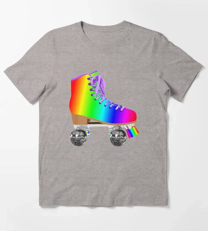 Retro Rainbow 70s Disco Roller Skates T-Shirt Heather Grey