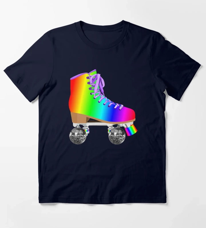 Retro Rainbow 70s Disco Roller Skates T-Shirt Navy