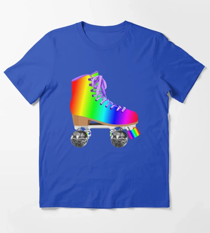 Retro Rainbow 70s Disco Roller Skates T-Shirt Blue