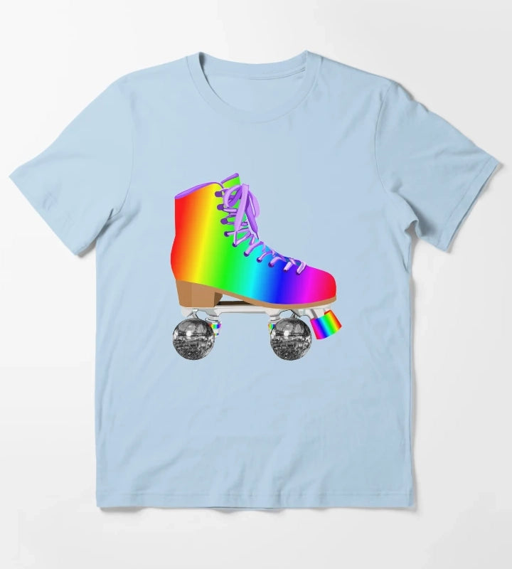 Retro Rainbow 70s Disco Roller Skates T-Shirt Sky Blue