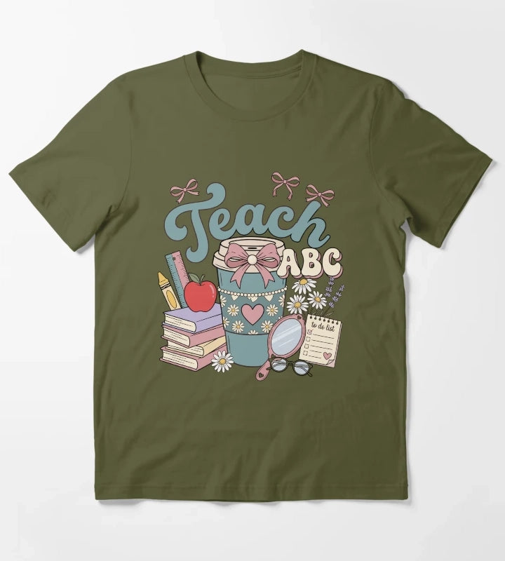 Retro Rainbow First Day of School Kids Teacher T-Shirt Olive Green