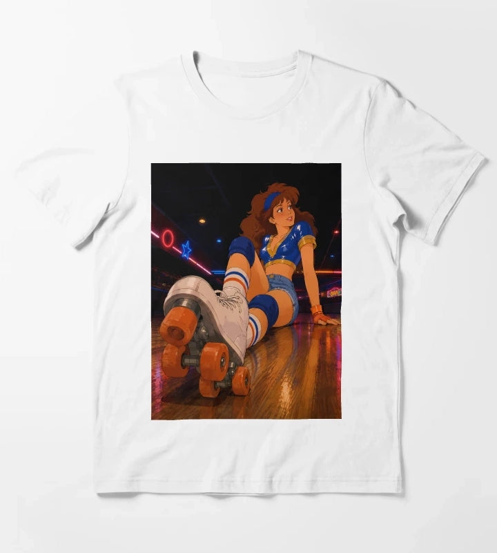 Retro Roller Disco Girl 80s Neon Skating Aesthetic Art T-Shirt White