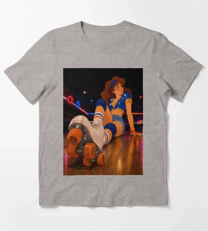 Retro Roller Disco Girl 80s Neon Skating Aesthetic Art T-Shirt Heather Grey