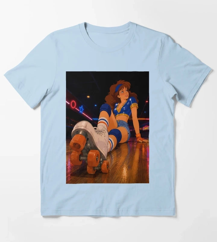 Retro Roller Disco Girl 80s Neon Skating Aesthetic Art T-Shirt Sky Blue