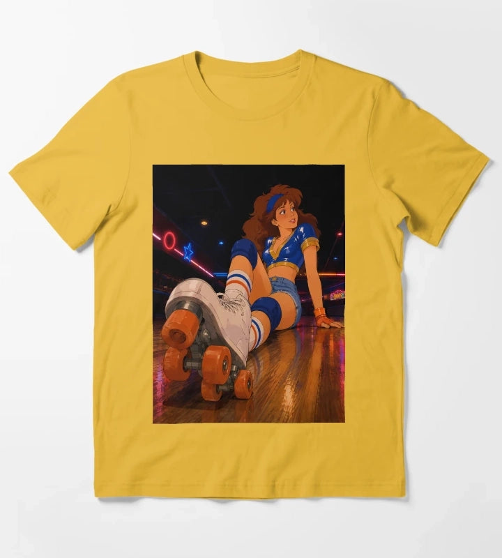 Retro Roller Disco Girl 80s Neon Skating Aesthetic Art T-Shirt Yellow