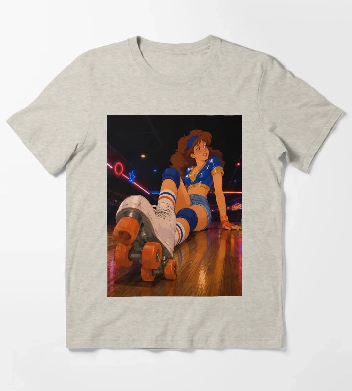 Retro Roller Disco Girl 80s Neon Skating Aesthetic Art T-Shirt Cream