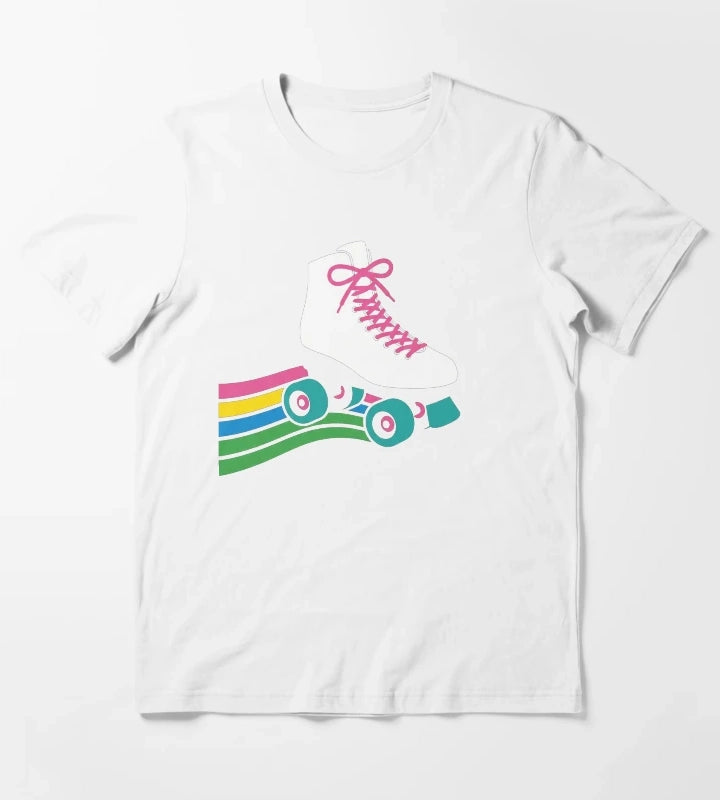 Retro Roller Skate Rainbow Track Vintage Disco T-Shirt White