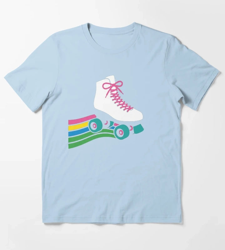 Retro Roller Skate Rainbow Track Vintage Disco T-Shirt Sky Blue