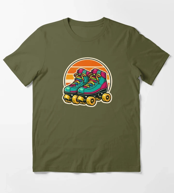 Retro Roller Skates Teal Magenta Vintage Badge Sticker T-Shirt Olive Green
