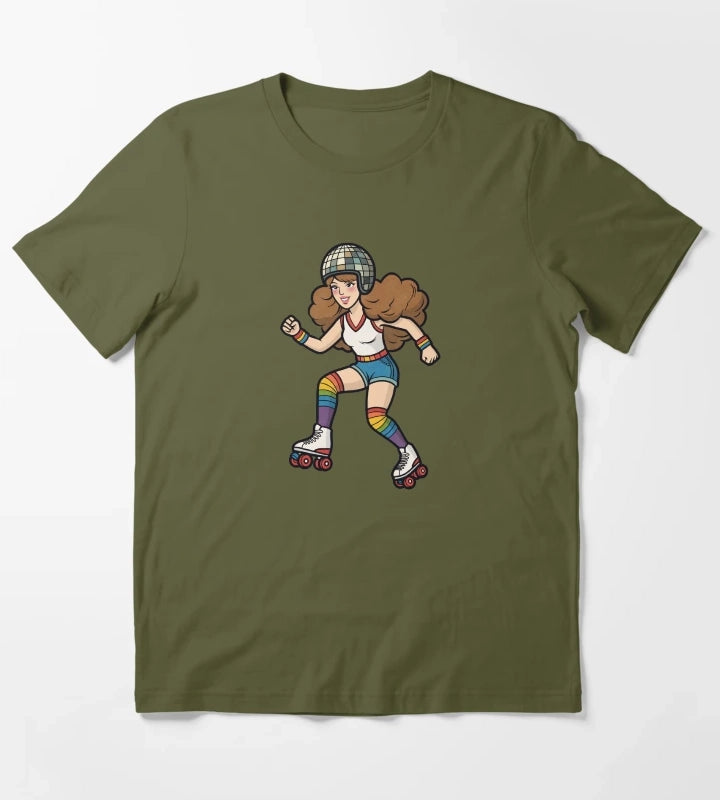 Retro Roller Skating Disco Girl Pride T-Shirt Olive Green