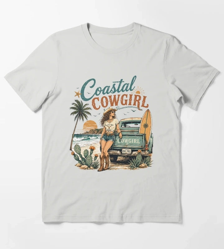 Retro Summer Coastal Cowgirl Sunset T-Shirt Light Grey