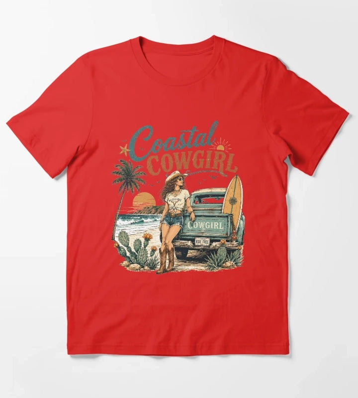 Retro Summer Coastal Cowgirl Sunset T-Shirt Red