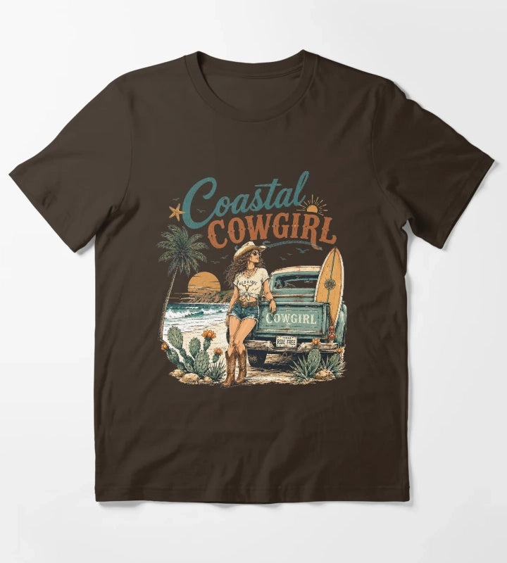 Retro Summer Coastal Cowgirl Sunset T-Shirt Brown
