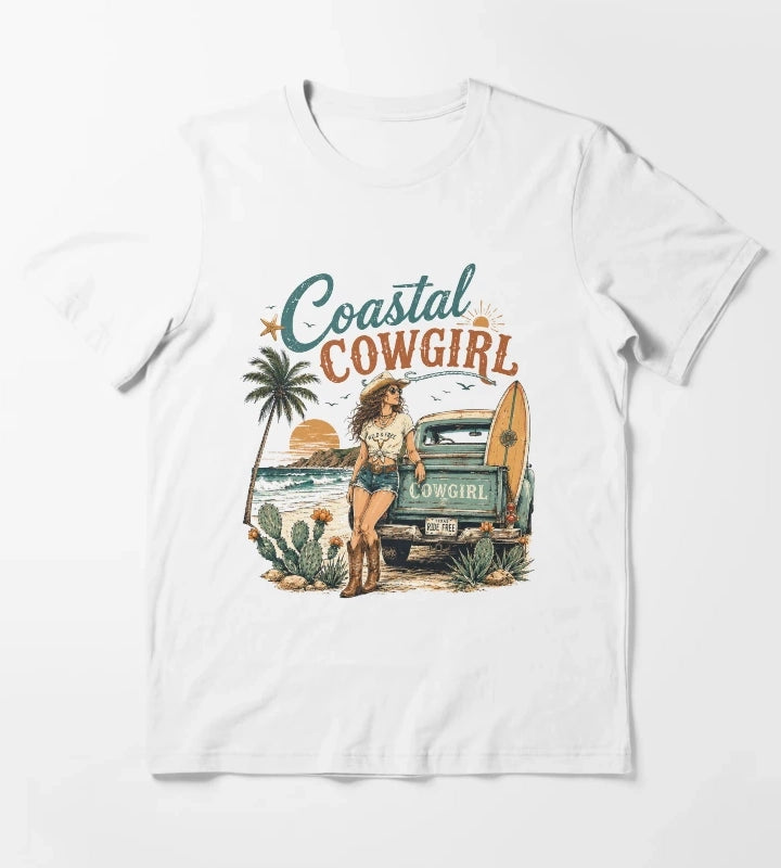 Retro Summer Coastal Cowgirl Sunset T-Shirt White