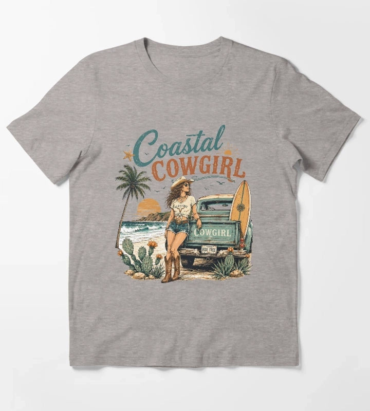 Retro Summer Coastal Cowgirl Sunset T-Shirt Heather Grey