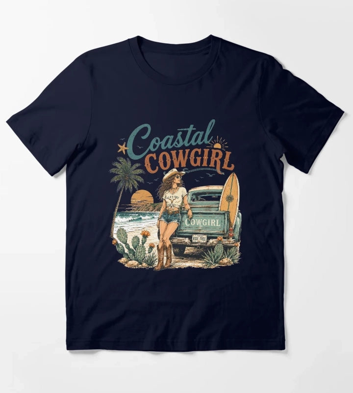 Retro Summer Coastal Cowgirl Sunset T-Shirt Navy