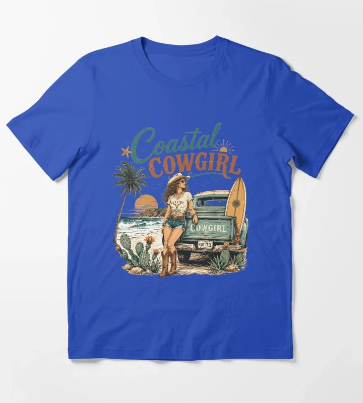 Retro Summer Coastal Cowgirl Sunset T-Shirt Blue