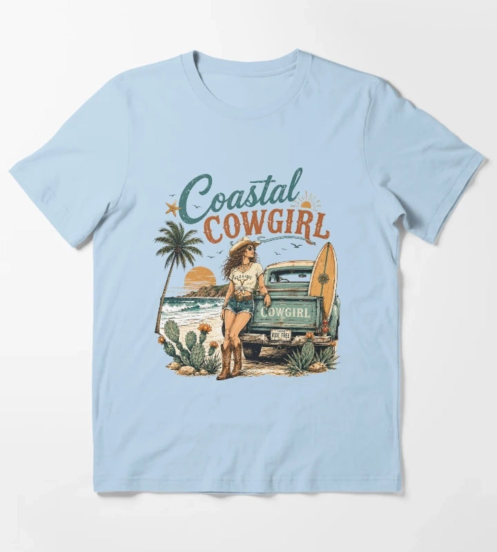 Retro Summer Coastal Cowgirl Sunset T-Shirt Sky Blue