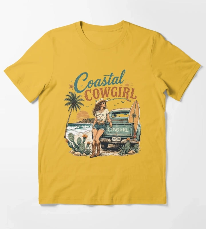 Retro Summer Coastal Cowgirl Sunset T-Shirt Yellow