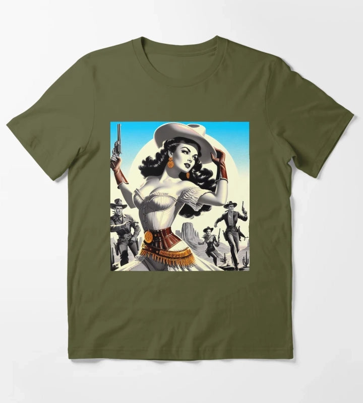 Retro Western Pinup T-Shirt Olive Green