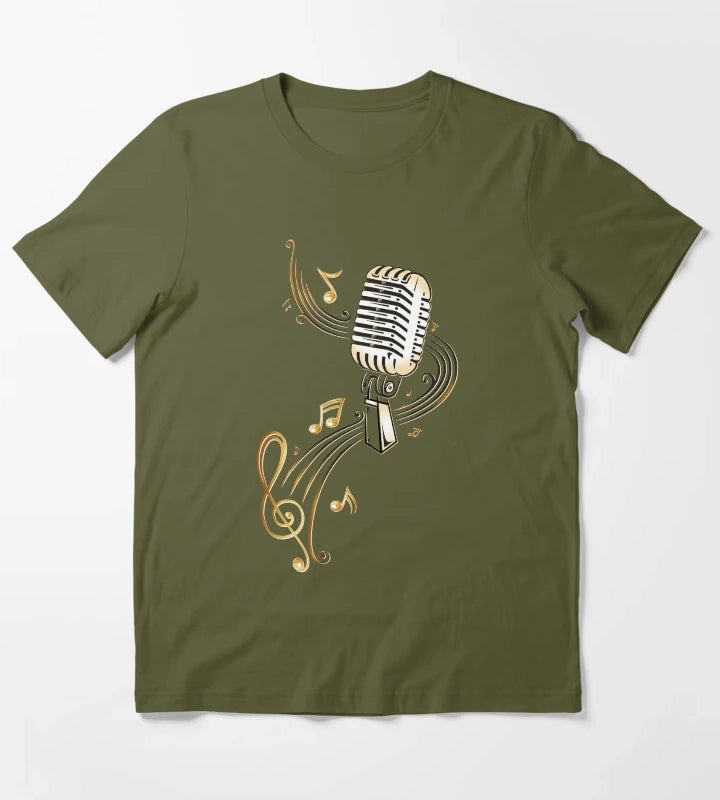 Retro microphone with music notes and clef T-Shirt Olive Green