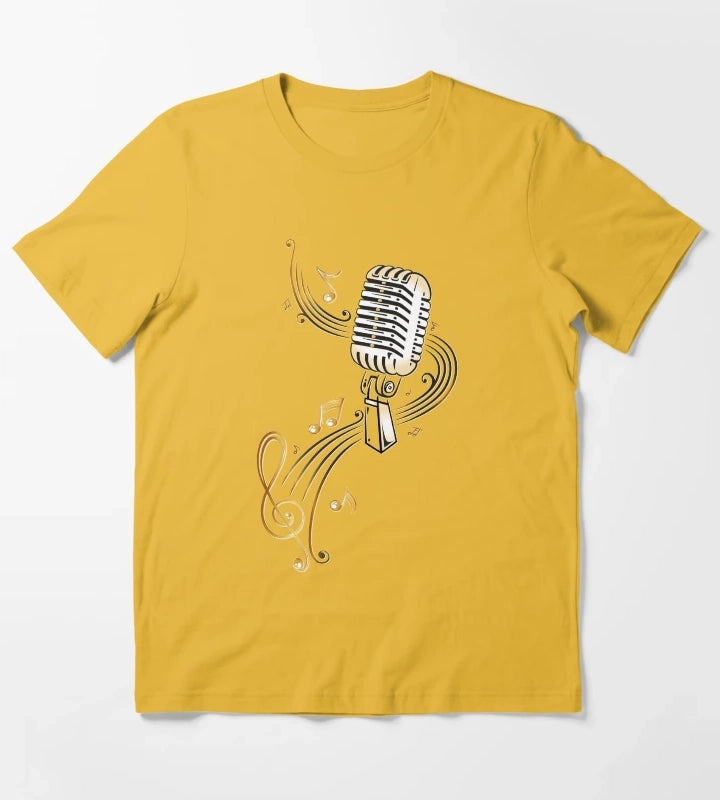 Retro microphone with music notes and clef T-Shirt Yellow