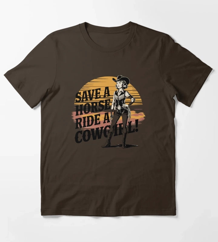 Ride a Cowgirl Save a Horse Country Humor Vintage Retro Design T-Shirt Brown