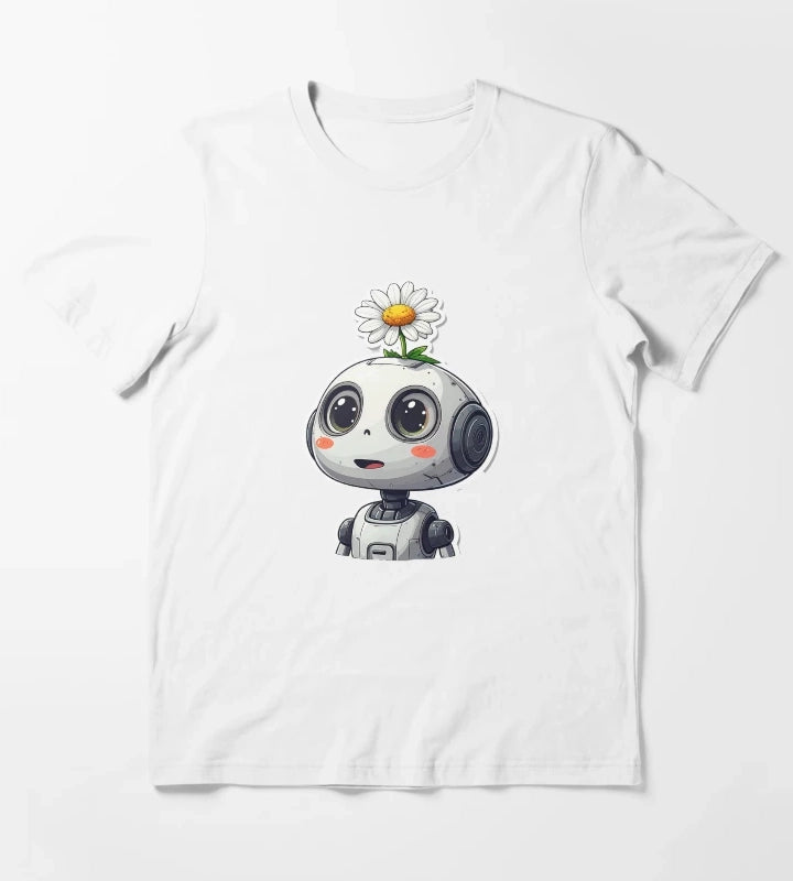 Robot Vacuum with Daisy on Head Unexpected Nature Growth Concept T-Shirt White