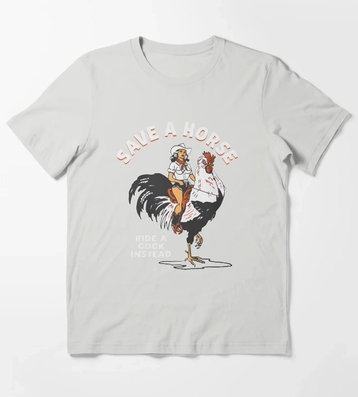 Rooster Rodeo Cowgirl Cowboy Graphic Western T-Shirt Light Grey